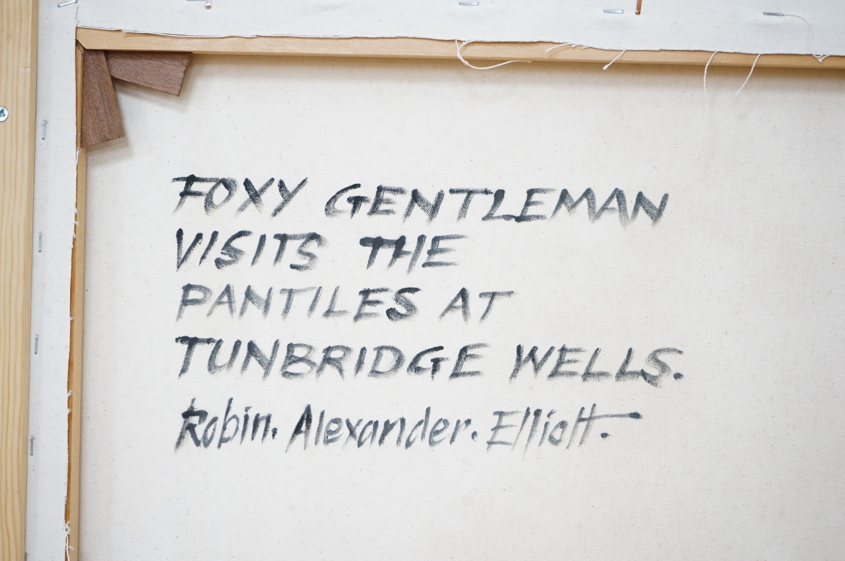 Robin Alexander Elliott (b.1936), oil on canvas, ‘Foxy gentleman visits The Pantiles at Tunbridge Wells’, signed, inscribed verso, 90 x 65cm. Condition - good